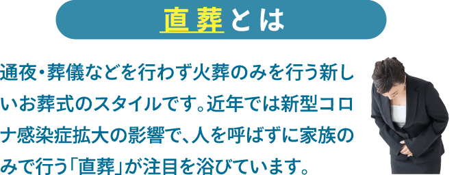 直葬とは、通夜・葬儀などを行わず火葬のみを行う新しいお葬式のスタイルです。近年では新型コロナ感染症拡大の影響で、人を呼ばずに家族のみで行う「直葬」が注目を浴びています。