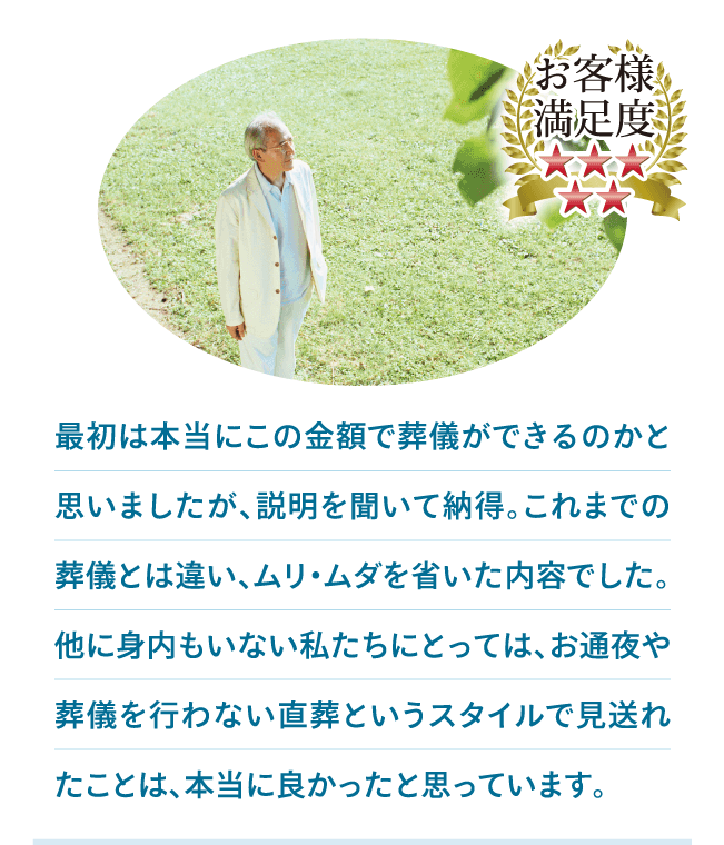 最初は本当にこの金額で葬儀ができるのかと思いましたが、説明を聞いて納得。これまでの葬儀とは違い、ムリ・ムダを省いた内容でした。他に身内もいない私たちにとっては、お通夜や葬儀を行わない直葬というスタイルで見送れたことは、本当に良かったと思っています。 最初は本当にこの金額で葬儀ができるのかと思いましたが、説明を聞いて納得。これまでの葬儀とは違い、ムリ・ムダを省いた内容でした。他に身内もいない私たちにとっては、お通夜や葬儀を行わない直葬というスタイルで見送れたことは、本当に良かったと思っています。
