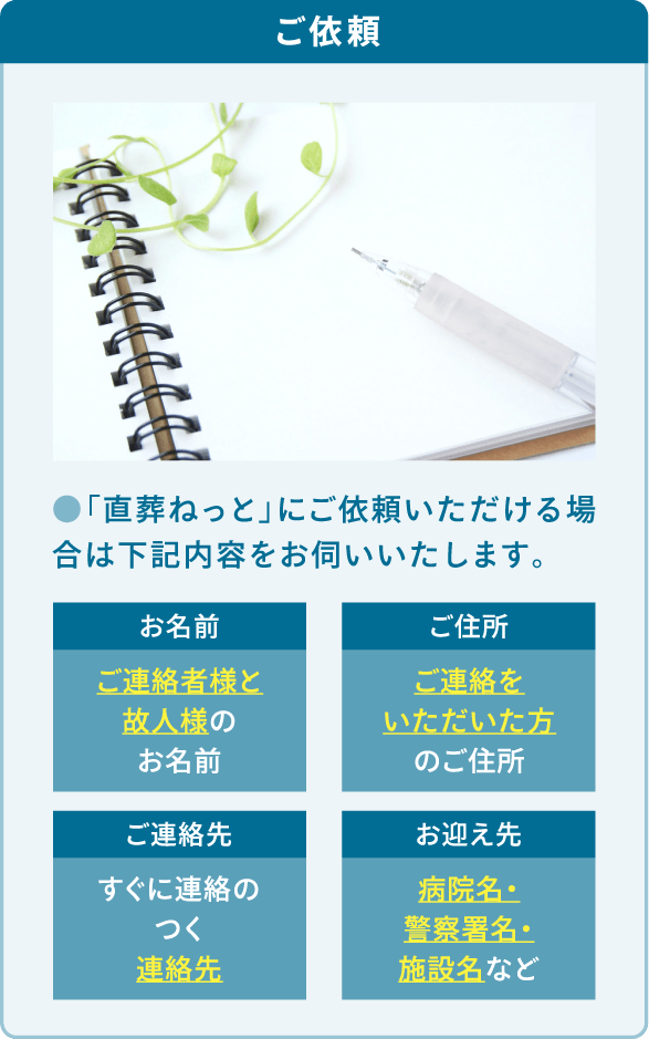 「直葬ねっと」にご依頼いただける場合は「お名前」「ご住所」「ご連絡先」「お迎え先」をお伺いいたします。 「直葬ねっと」にご依頼いただける場合は「お名前」「ご住所」「ご連絡先」「お迎え先」をお伺いいたします。