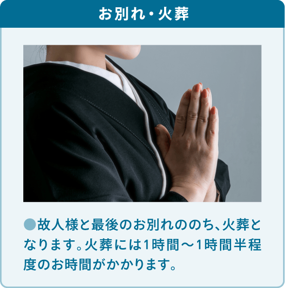 故人様と最後のお別れののち、火葬となります。火葬には1時間?1時間半程度のお時間がかかります。 故人様と最後のお別れののち、火葬となります。火葬には1時間?1時間半程度のお時間がかかります。